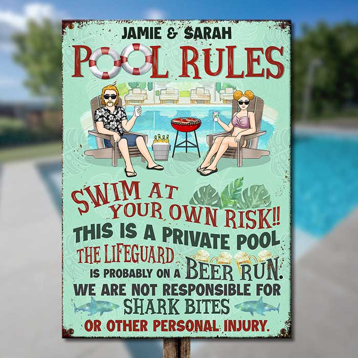 Règles de la piscine privée familiale - Plaque en métal personnalisée - Cadeau pour couple, mari et femme