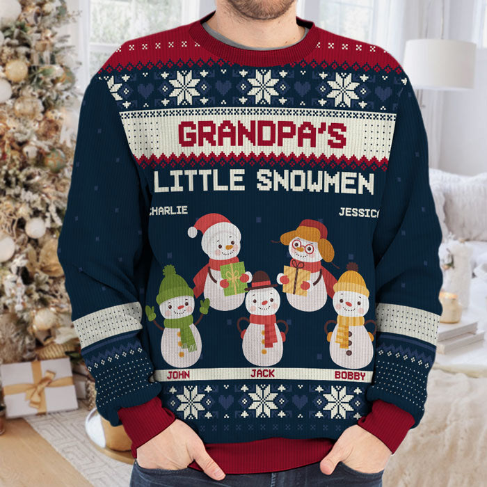 Les petits bonhommes de neige de grand-mère - Sweat-shirt moche personnalisé pour la famille - Pull en laine unisexe - Cadeau de Noël pour grand-mère et grands-parents