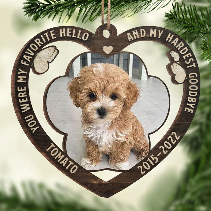 Mon bonjour préféré et mon au revoir le plus dur - Décoration de Noël en bois personnalisée en forme de cœur - Télécharger une image, cadeau commémoratif, cadeau de condoléances, cadeau pour les amoureux des animaux, cadeau de Noël