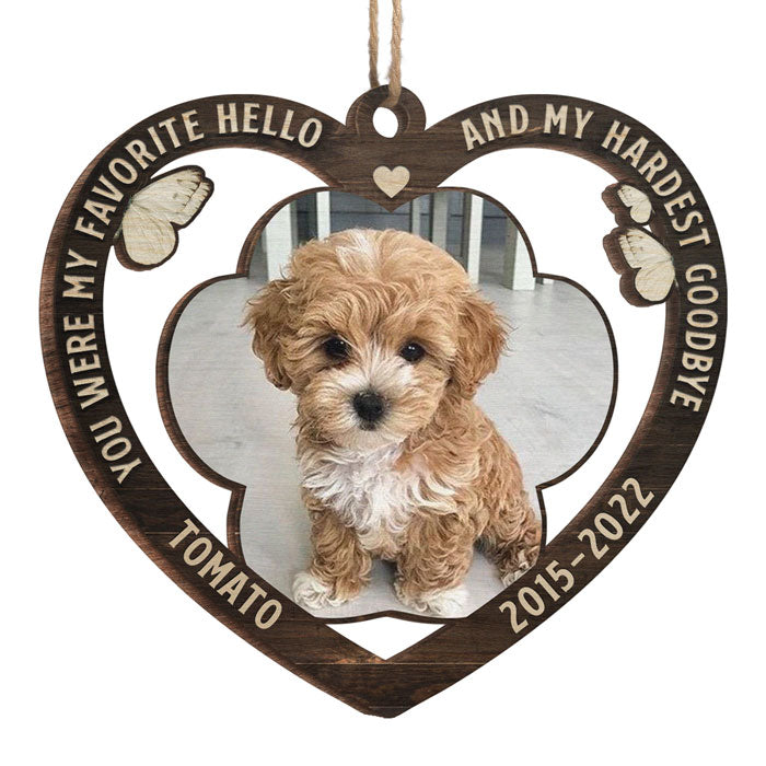 Mon bonjour préféré et mon au revoir le plus dur - Décoration de Noël en bois personnalisée en forme de cœur - Télécharger une image, cadeau commémoratif, cadeau de condoléances, cadeau pour les amoureux des animaux, cadeau de Noël