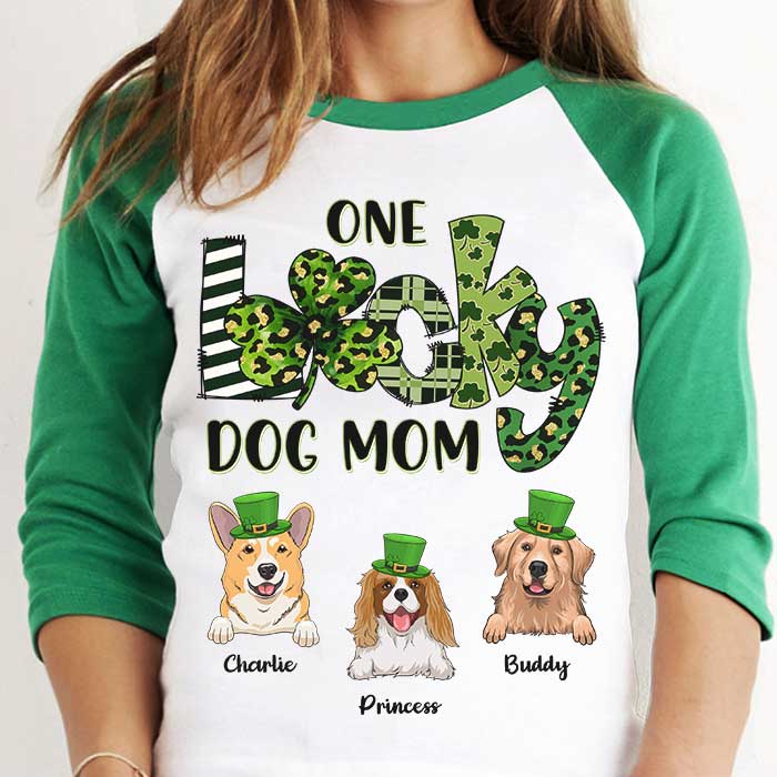 One Lucky Dog Mom - Personalized St. Patrick's Day Unisex Raglan Shirt.