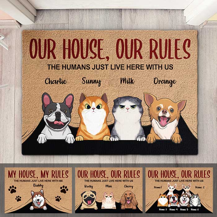 Notre maison, nos règles - Tapis décoratif personnalisé - Cadeau pour les amoureux des animaux