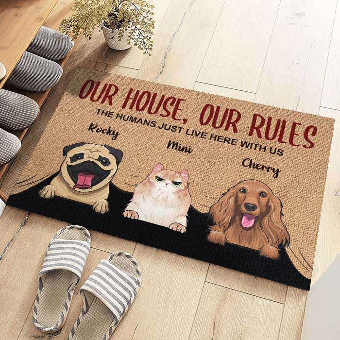 Notre maison, nos règles - Tapis décoratif personnalisé - Cadeau pour les amoureux des animaux