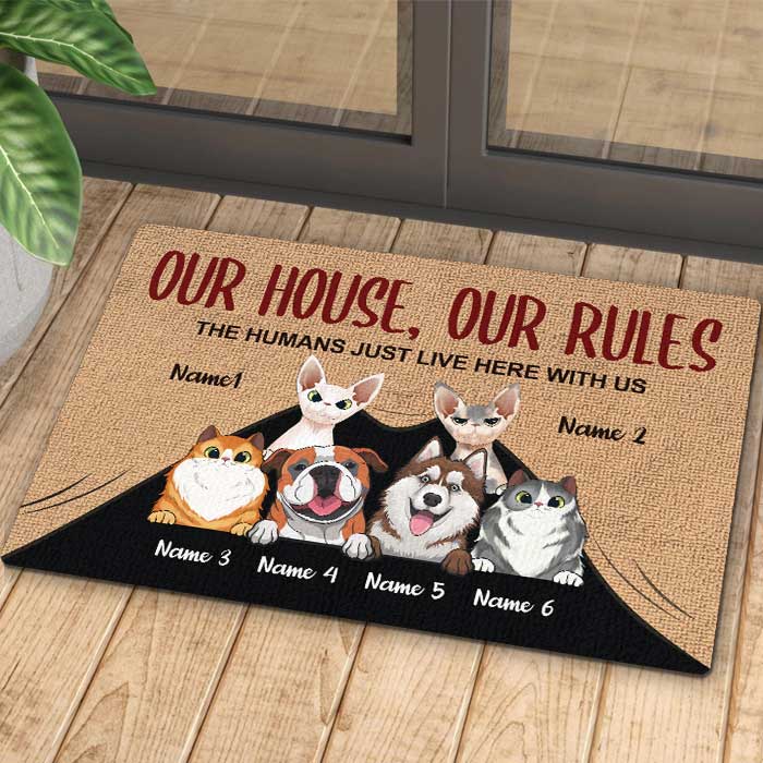 Notre maison, nos règles - Tapis décoratif personnalisé - Cadeau pour les amoureux des animaux