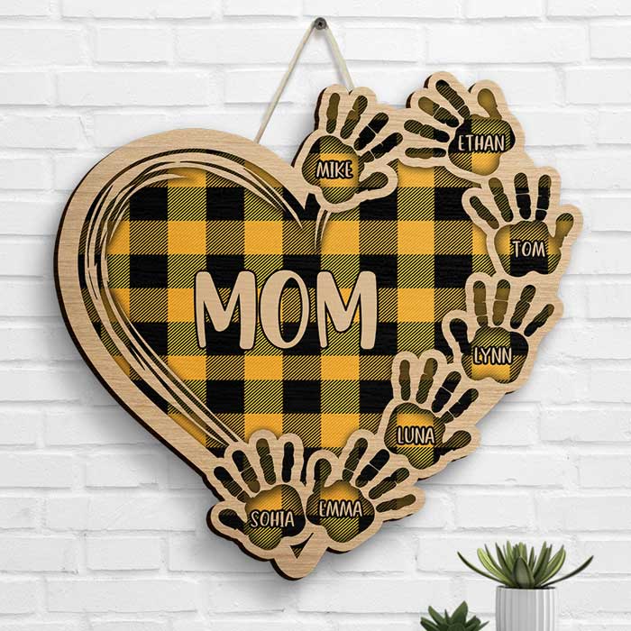Grandma Plaid Heart And Hand Prints - Gift For Mom, Grandma - Personalized Shaped Wood Sign.
