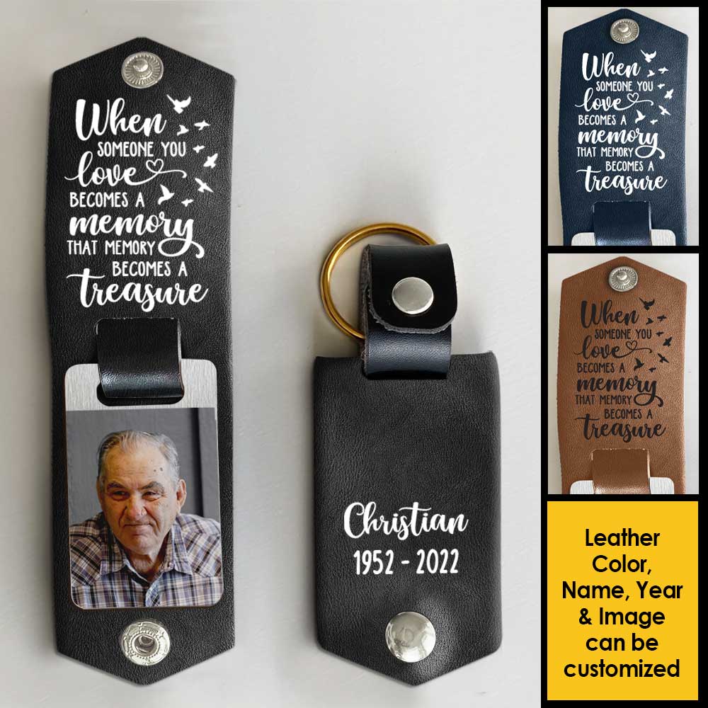 Un souvenir devient un trésor - Porte-clés personnalisé en cuir PU - Télécharger une image, un cadeau commémoratif, un cadeau de condoléances