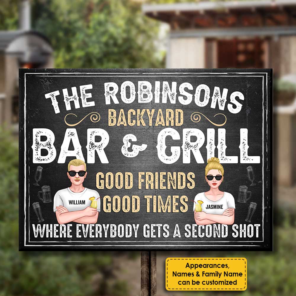 Bar et grill d'arrière-cour - Bons amis, bons moments, où chacun a droit à un deuxième verre - Cadeau pour couple, mari et femme, plaque en métal personnalisée