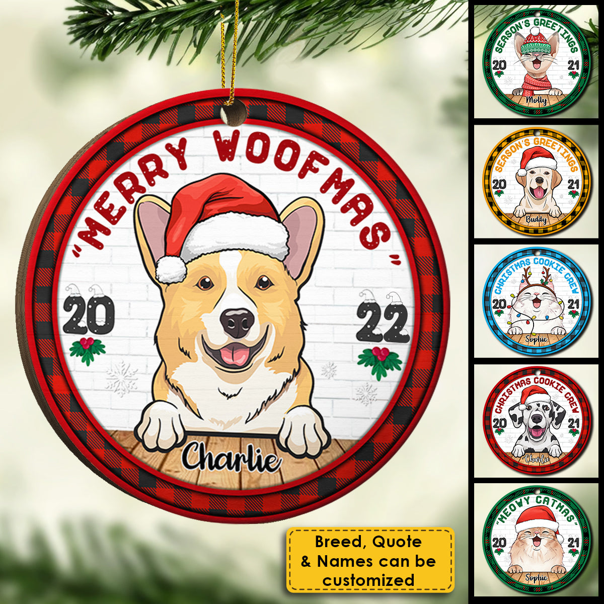 Christmas Cookie Crew - Chiens et chats - Décoration de Noël ronde en bois personnalisée