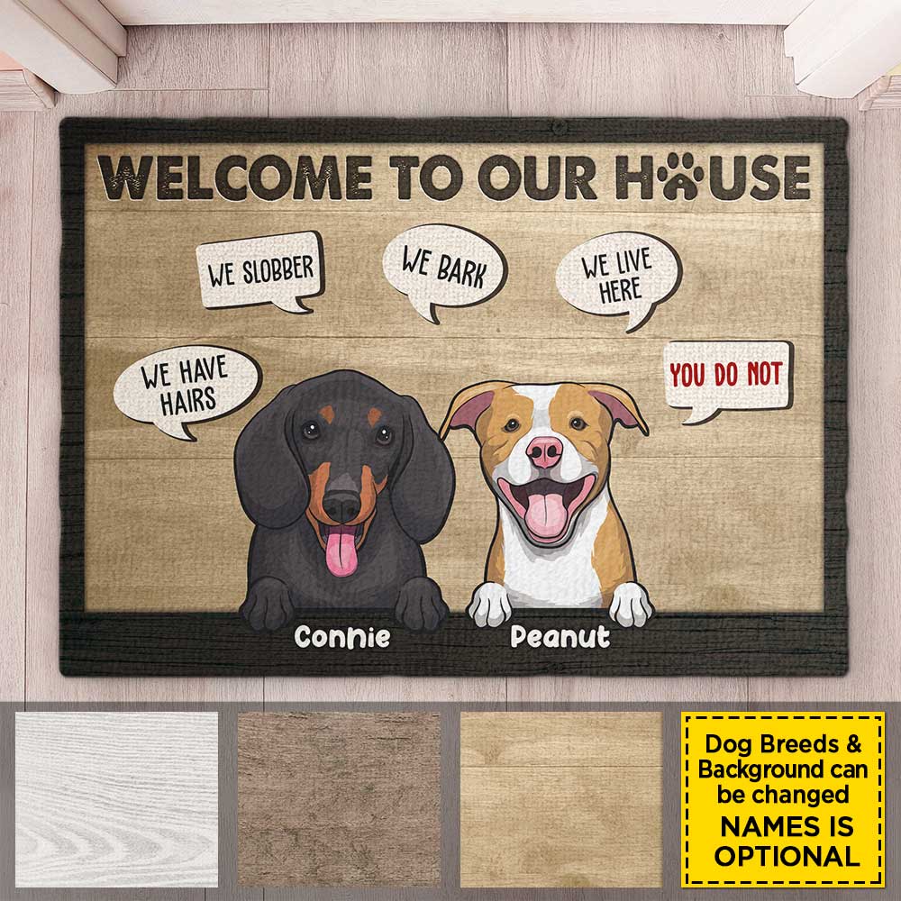 Bienvenue chez nous, nous vivons ici, vous non - Tapis décoratif personnalisé - Cadeau pour les amoureux des chiens, propriétaires de chiens, cadeau pour chien, cadeau pour les amoureux des animaux