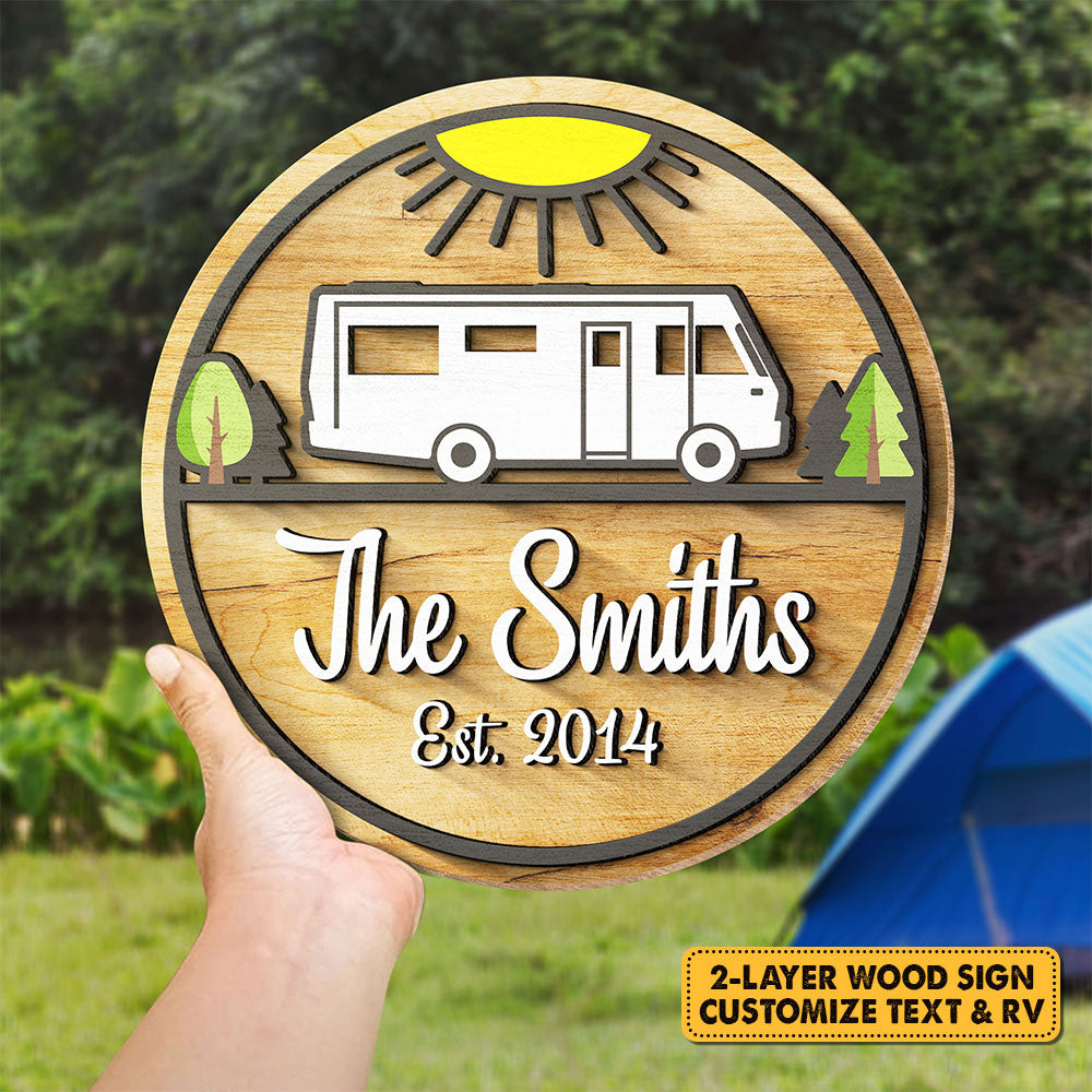 Camping en famille – Panneau en bois personnalisé, panneau à deux couches – Cadeau pour les amateurs de camping