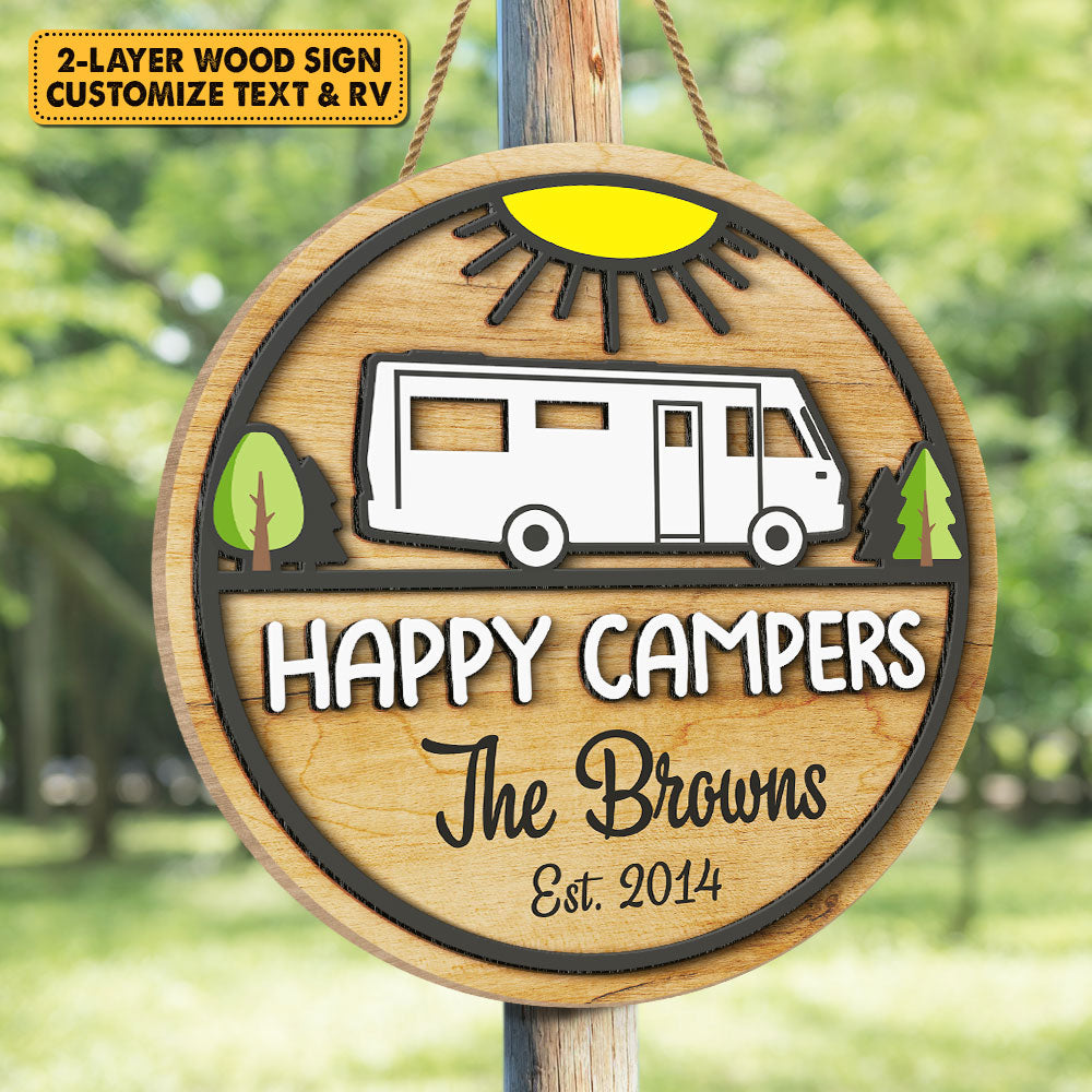 Famille de campeurs heureux - Panneau en bois personnalisé, panneau à deux couches - Cadeau pour les amateurs de camping