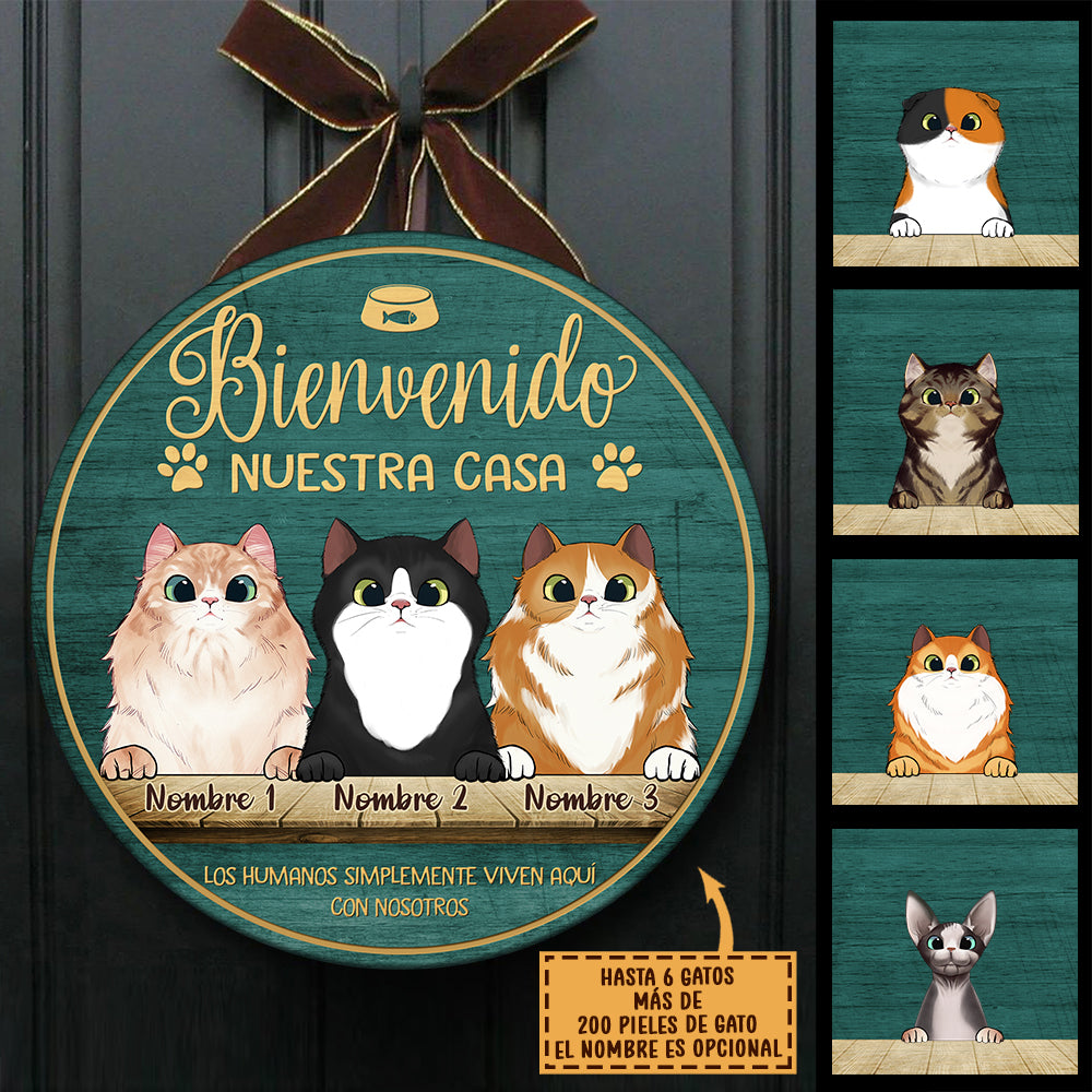 Bienvenido A Mi Casa - Letrero de puerta de gato personalizado y divertido, Funny Personalized Cat Door Sign Spanish.