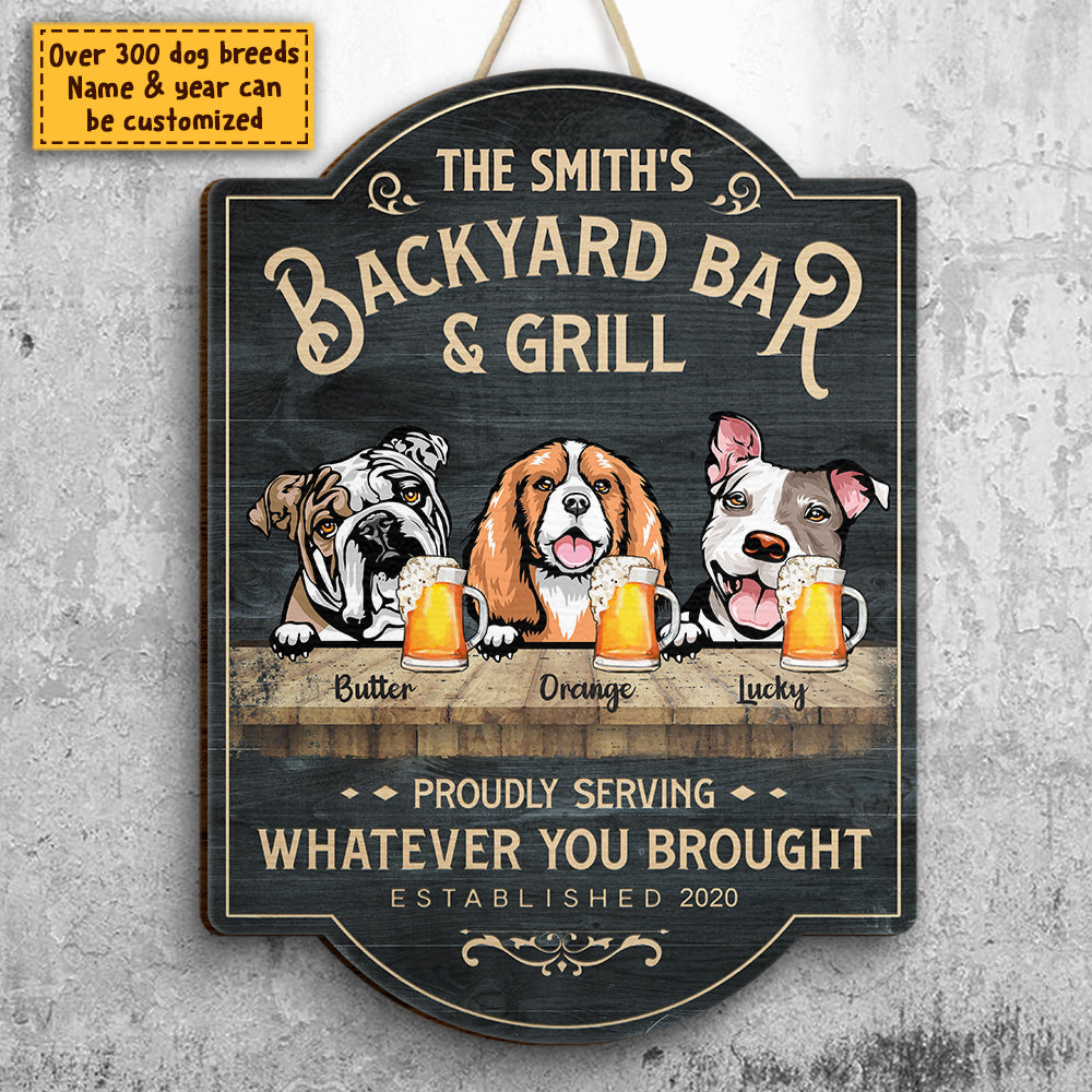 Family Backyard Bar & Grill - Gift For Dog Lovers, Personalized Shaped Door Sign.
