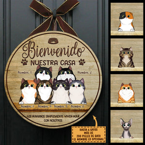 Bienvenido A Mi Casa - Letrero de puerta de gato personalizado y divertido, Funny Personalized Cat Door Sign Spanish.