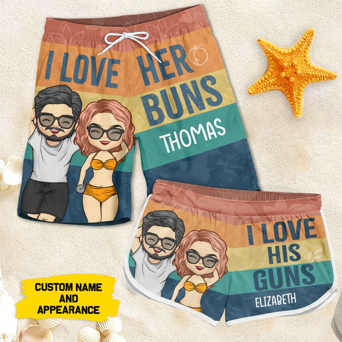 Short de plage personnalisé pour couple - Cadeau pour couple, mari et femme