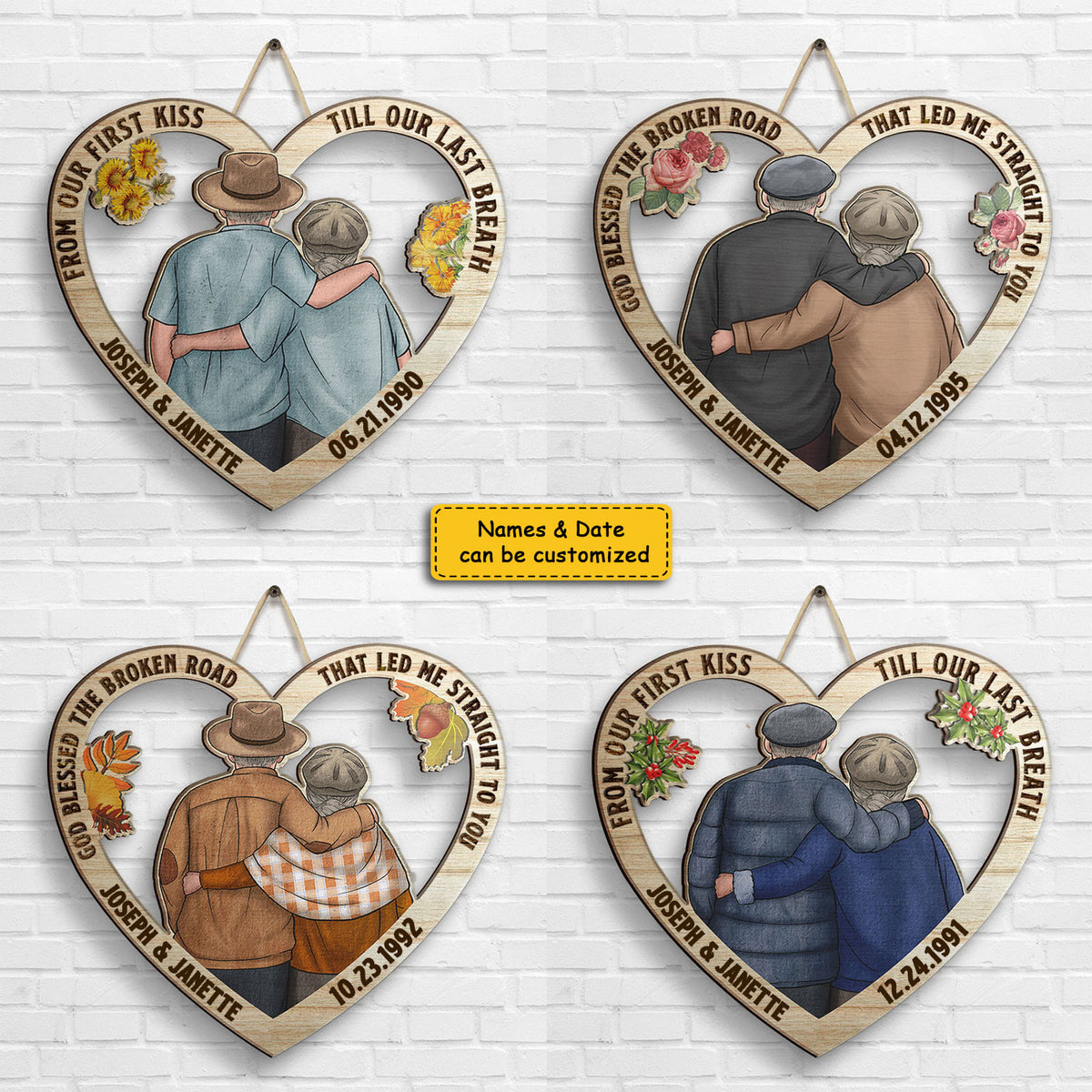 Notre premier baiser en forme de cœur - Panneau en bois personnalisé - Cadeau pour couple, mari et femme