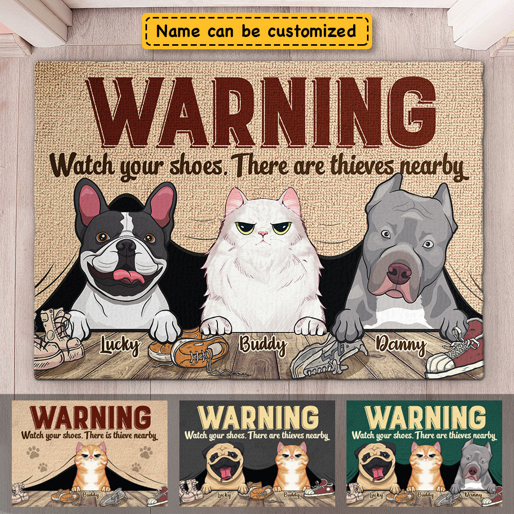 Attention aux chaussures, il y a des voleurs à proximité ! Tapis décoratif personnalisé ! Cadeau pour les amoureux des animaux, les propriétaires d'animaux, cadeau pour animaux de compagnie