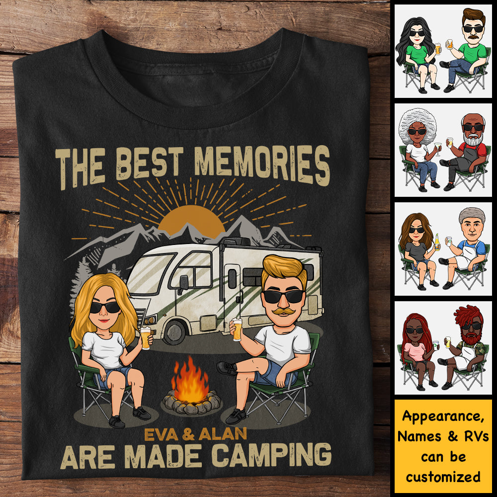 Les meilleurs souvenirs se créent en camping - T-shirt unisexe personnalisé, sweat à capuche, sweat-shirt - Cadeau pour couple, mari, femme, anniversaire, fiançailles, mariage, mariage, cadeau de camping