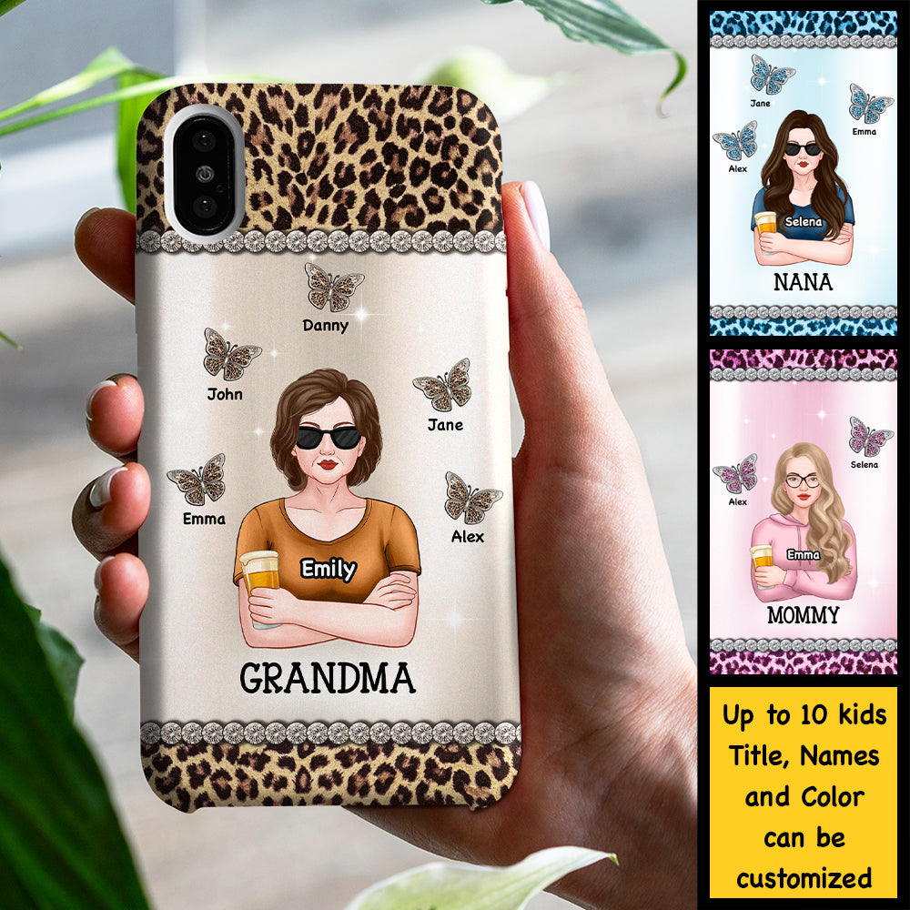 Grand-mère avec ses petits-enfants papillons - Cadeau pour maman et grand-mère - Coque de téléphone personnalisée