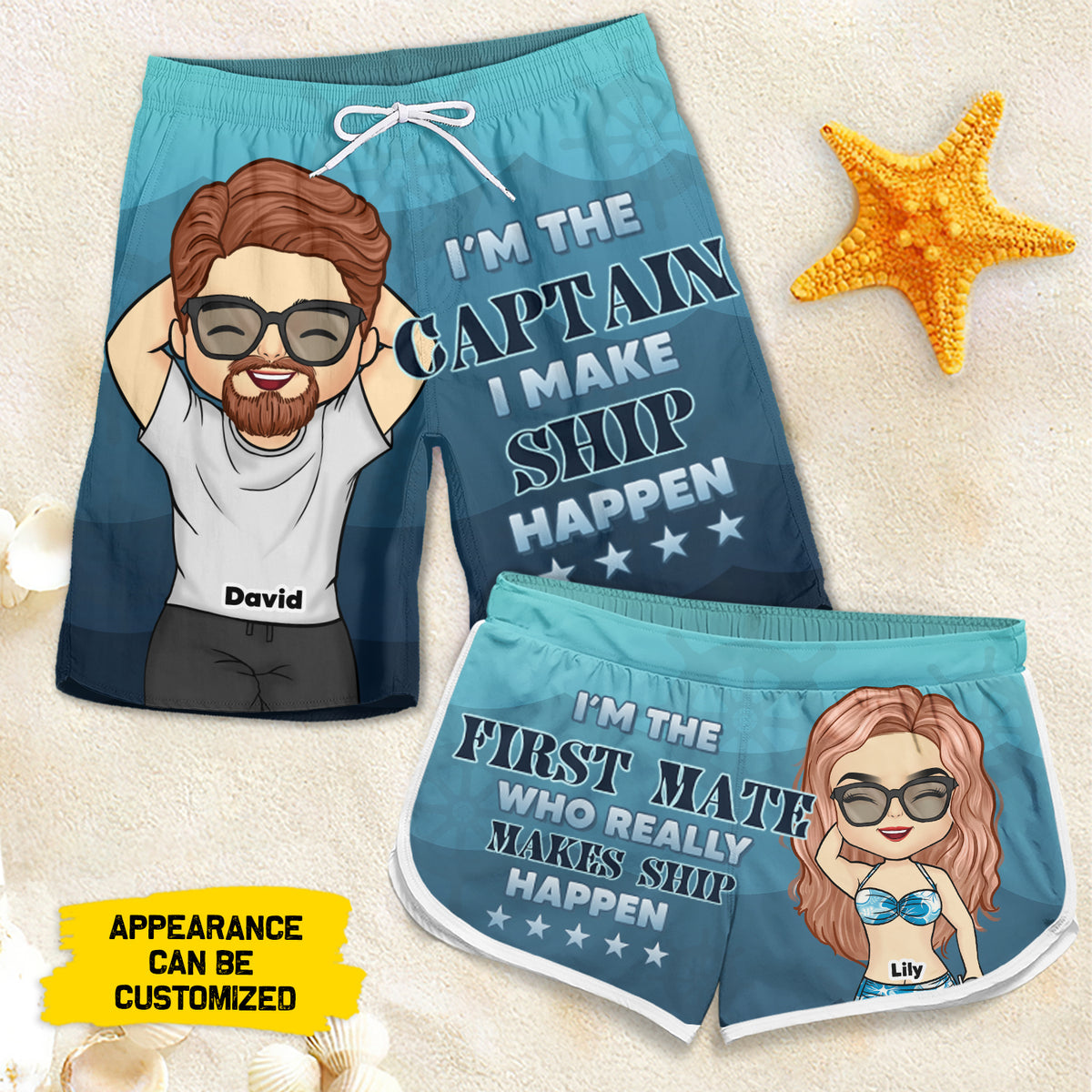 Je suis le capitaine et je suis le premier compagnon - Short de plage personnalisé pour couple - Cadeau pour couples, mari et femme