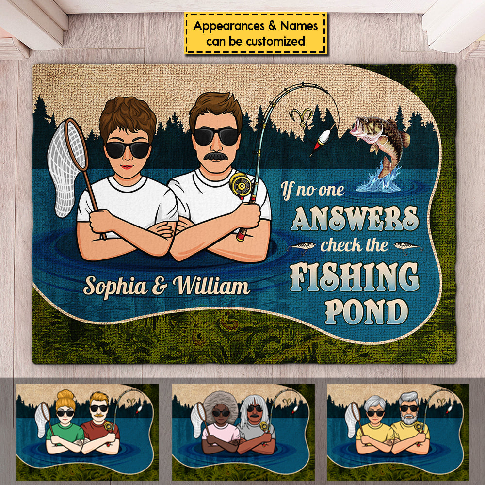 Si personne ne répond, vérifiez l'étang de pêche - Tapis décoratif personnalisé - Cadeau pour couples de pêcheurs, mari et femme