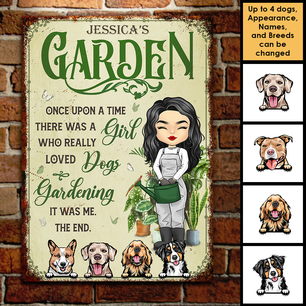 Une fille qui aime les chiens et le jardinage – Plaque en métal personnalisée – Cadeau pour les amateurs de jardinage