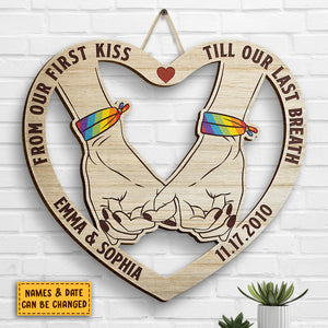 Pinky Promise, From Our First Kiss, LGBTQ+ Couples - Gift For Couples, Husband Wife, Personalized Shaped Wood Sign.