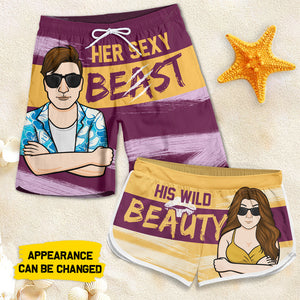 Sa bête sexy, sa beauté sauvage - Short de plage personnalisé pour couple - Cadeau pour couple, mari et femme