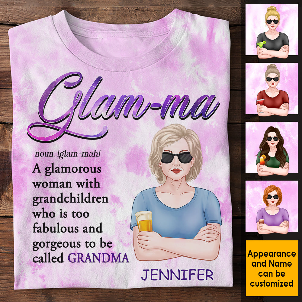 Glam-ma, une femme glamour avec des petits-enfants - Cadeau pour maman, grand-mère - T-shirt unisexe personnalisé imprimé sur toute la surface