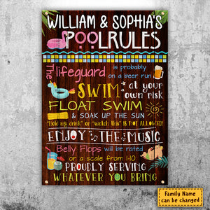 Family Pool Rules - Personalized Metal Sign - Gift For Couples, Husband Wife