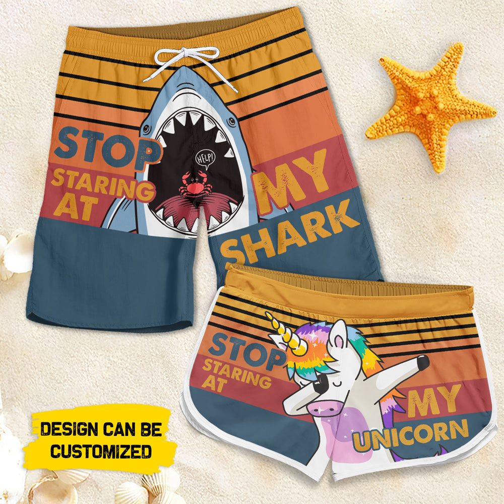 Stop Staring At My Unicorn - Personalized Couple Beach Shorts - Gift For Couples, Husband Wife