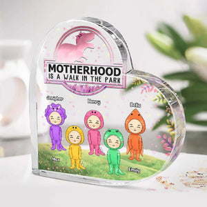 Motherhood Is A Walk In The Park - Family Personalized Custom Heart Shaped Acrylic Plaque - Birthday Gift For Mom