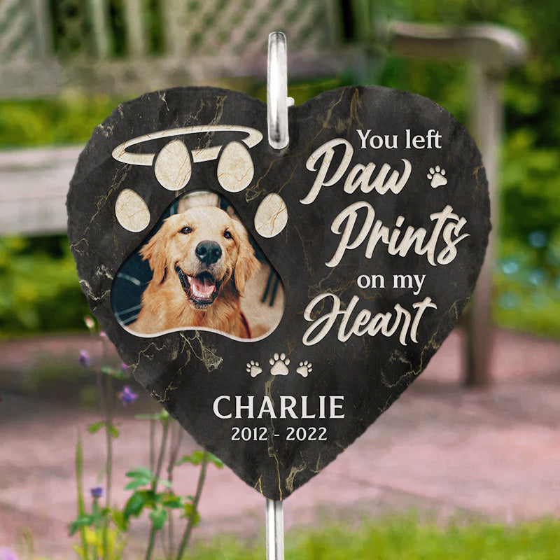 Photo personnalisée « Je m'ennuie de tes empreintes de pattes » - Ardoise et crochet de jardin commémoratif personnalisés - Cadeau de condoléances, cadeau pour propriétaires d'animaux, amoureux des animaux