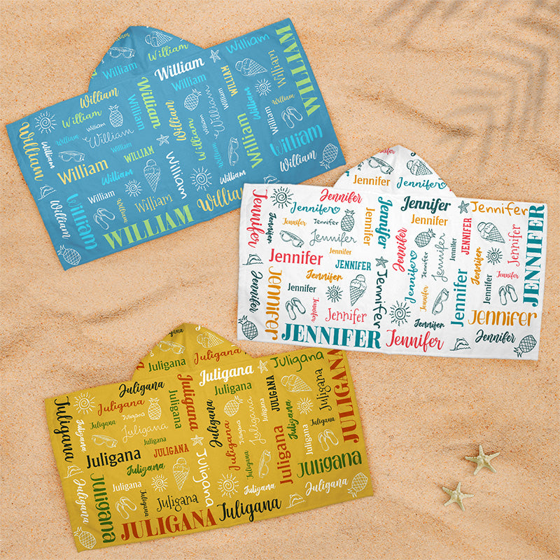 Serviette de plage à capuche personnalisée avec inscriptions colorées pour enfants - Cadeau pour enfants et membres de la famille
