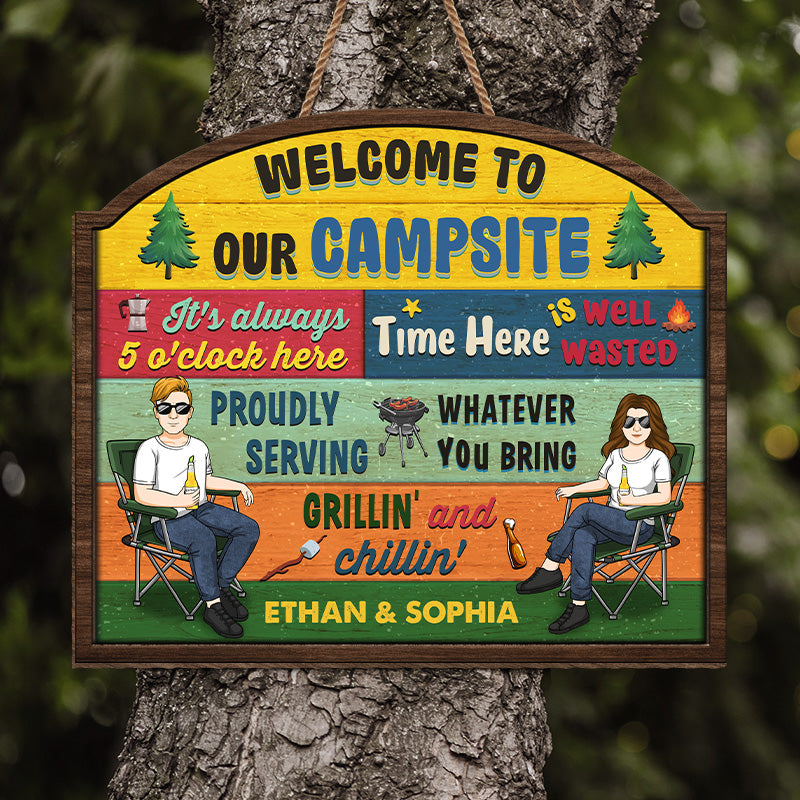 Bienvenue sur notre camping - Panneau en bois personnalisé pour décoration d'intérieur - Cadeau de pendaison de crémaillère pour couple, amoureux du camping