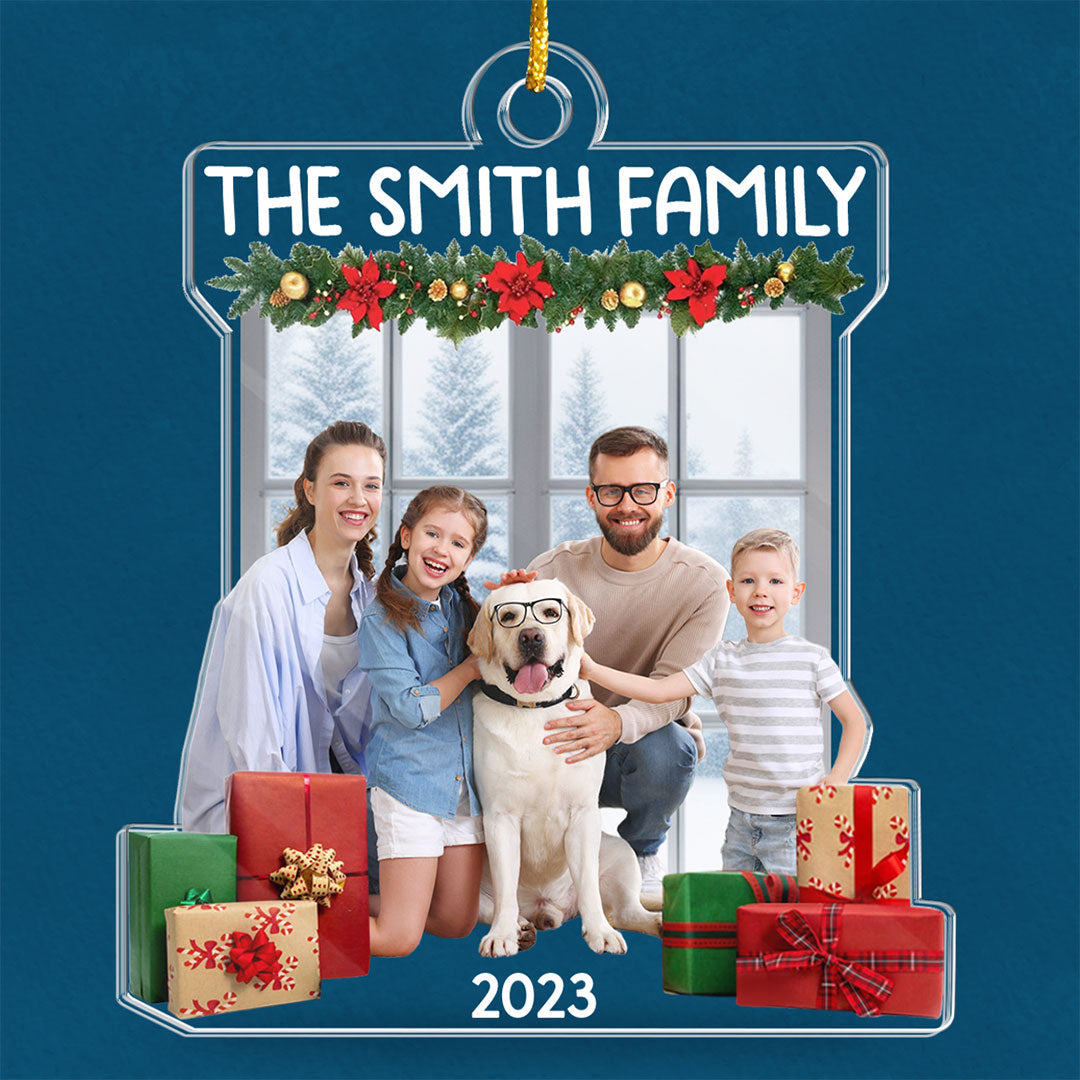 Photo personnalisée Famille heureuse Vie heureuse - Ornement personnalisé familial personnalisé - Forme personnalisée en acrylique - Cadeau de Noël pour les membres de la famille